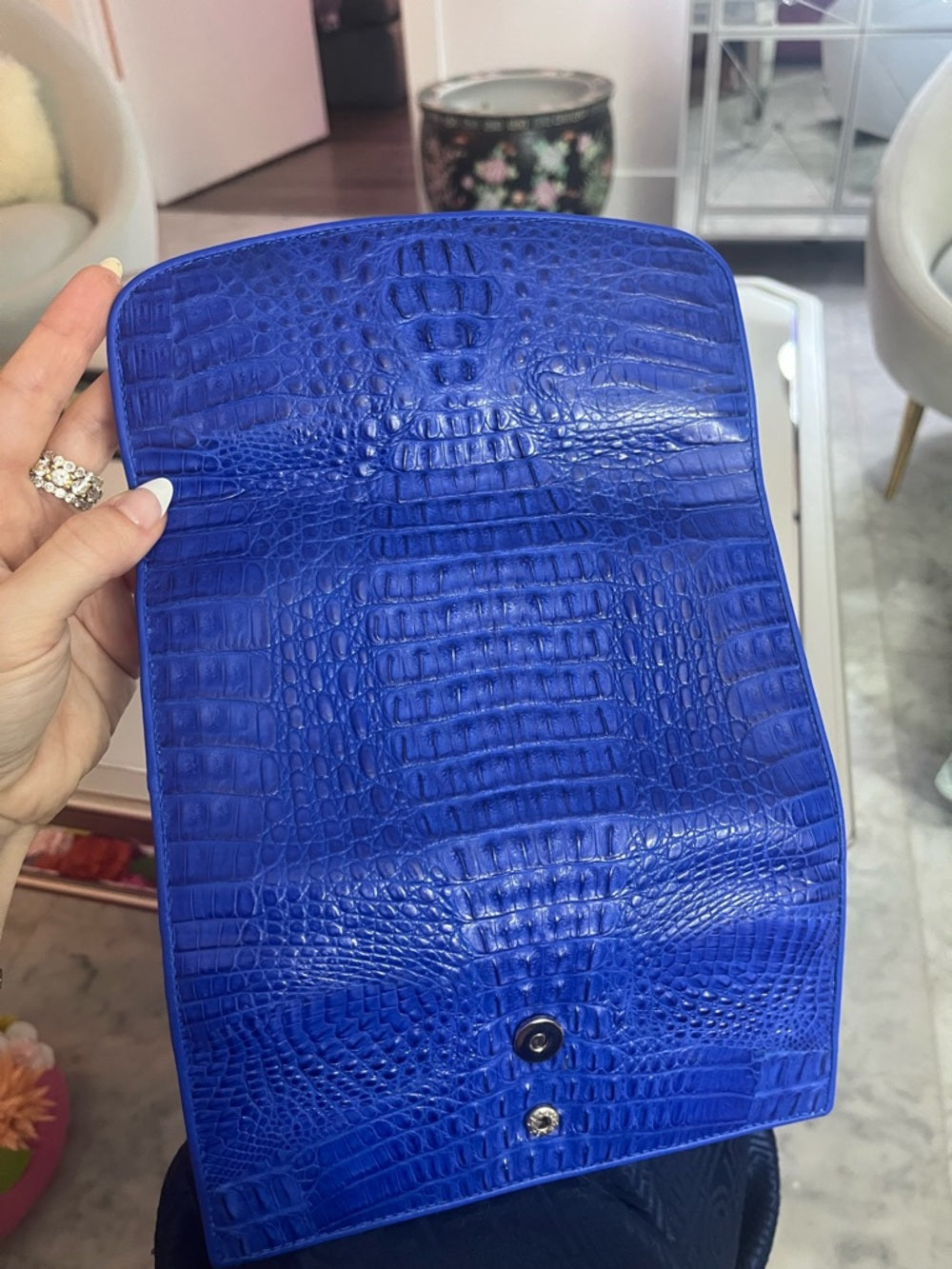 Genuine Crocodile Skin Clutch – Vibrant Blue Exotic Leather Foldover Clutch — corner piping and leather edge detail