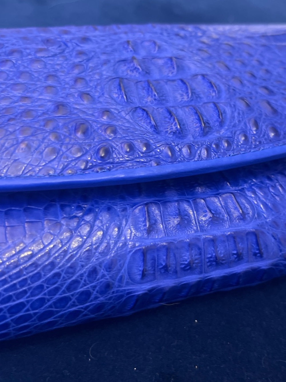 Genuine Crocodile Skin Clutch – Vibrant Blue Exotic Leather Foldover Clutch — exotic skin pattern and color variation