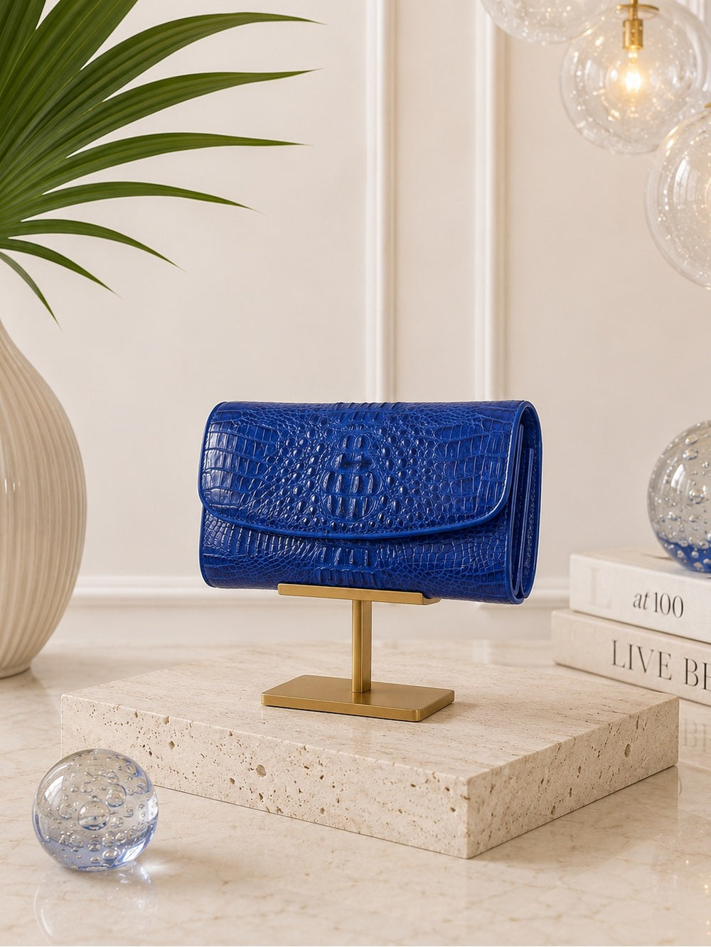 Genuine Crocodile Skin Clutch – Vibrant Blue Exotic Leather Foldover Clutch — luxury leather bag back panel construction
