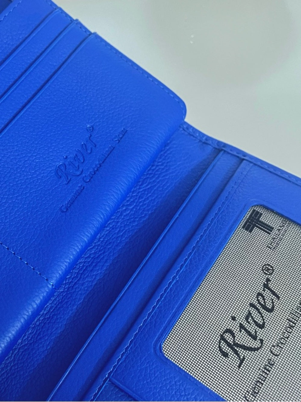 Genuine Crocodile Skin Clutch – Vibrant Blue Exotic Leather Foldover Clutch — signature designer hardware and metalwork