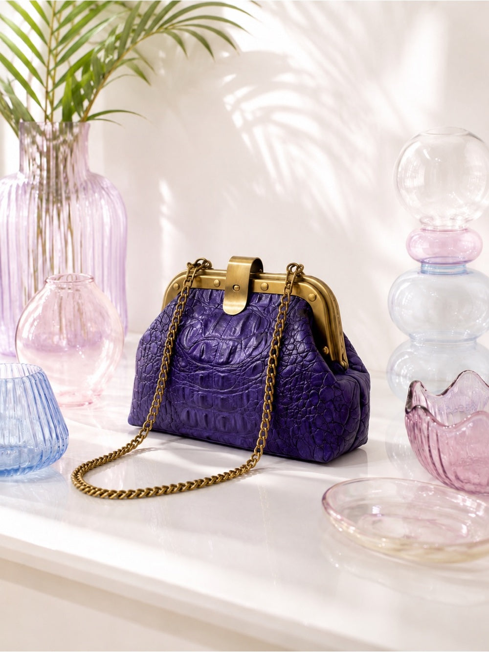 Genuine Crocodile Skin Frame Clasp Bag – Purple Exotic Leather Crossbody w Chain — designer exotic leather handbag silhouette