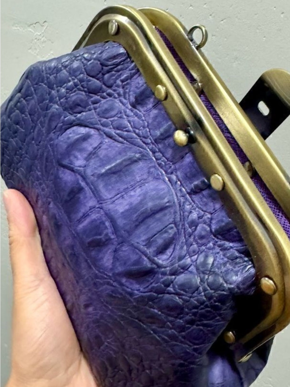 Genuine Crocodile Skin Frame Clasp Bag – Purple Exotic Leather Crossbody w Chain — designer logo branding and craftsmanship
