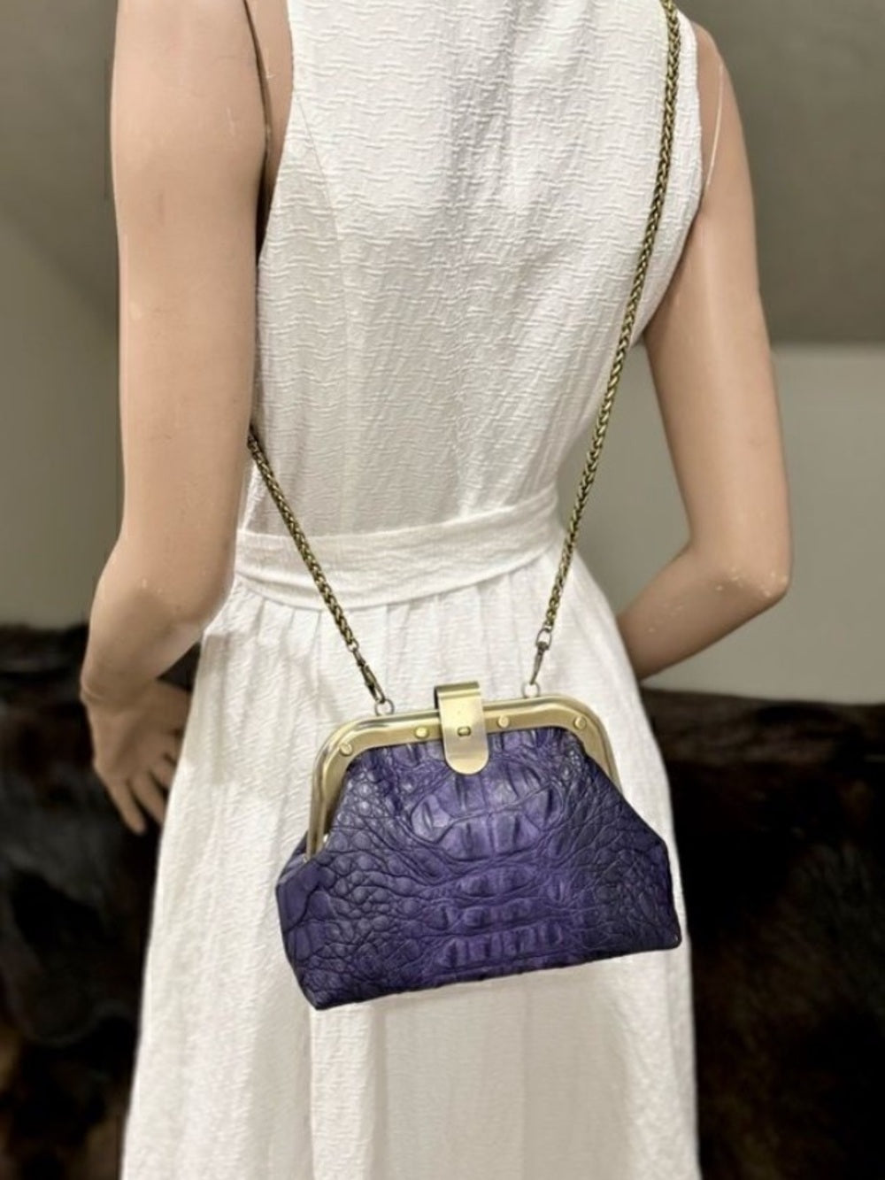 Genuine Crocodile Skin Frame Clasp Bag – Purple Exotic Leather Crossbody w Chain — corner piping and leather edge detail