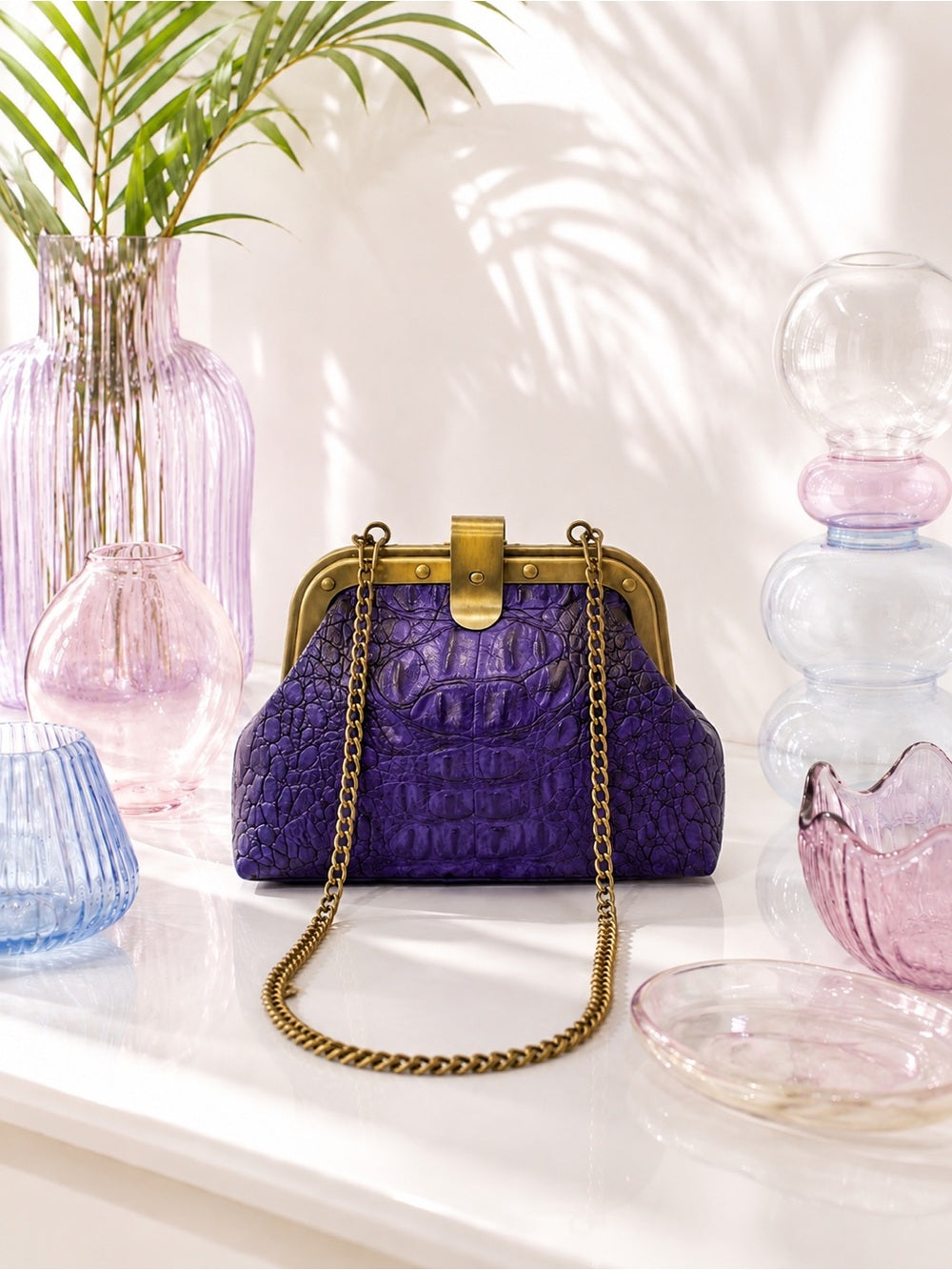 Genuine Crocodile Skin Frame Clasp Bag – Purple Exotic Leather Crossbody w Chain — luxury leather bag back panel construction