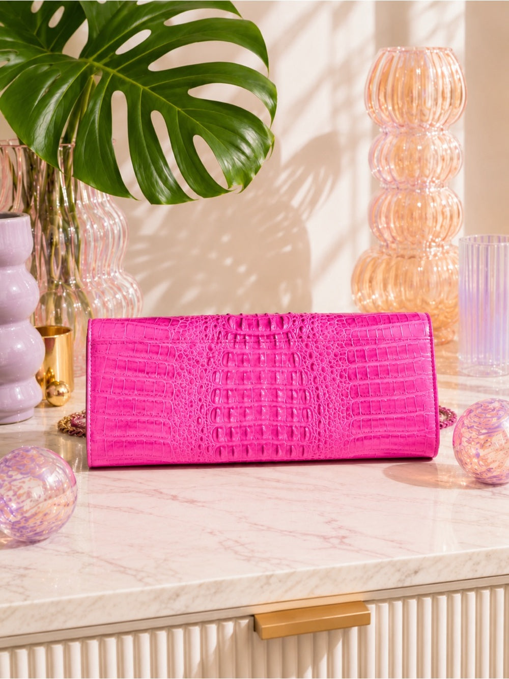 Genuine Hot Pink Crocodile Leather Clutch Bag Exotic Shoulder Bag w Gold Chain — luxury leather bag back panel construction