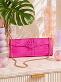 Genuine Hot Pink Crocodile Leather Clutch Bag Exotic Shoulder Bag w Gold Chain — designer exotic leather handbag silhouette