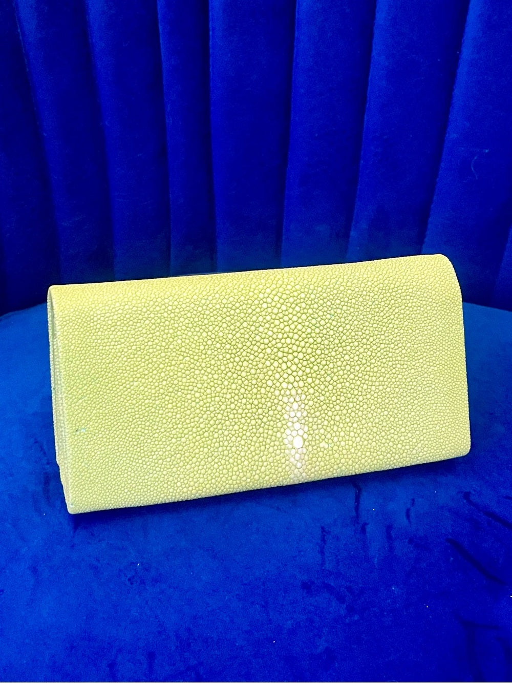 Genuine Stingray Foldover Clutch – Lime Green Exotic Evening Bag w Gold Chain — signature designer hardware and metalwork