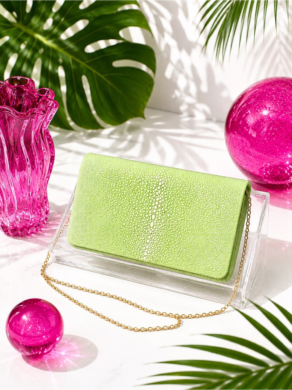 Genuine Stingray Foldover Clutch – Lime Green Exotic Evening Bag w Gold Chain — designer exotic leather handbag silhouette