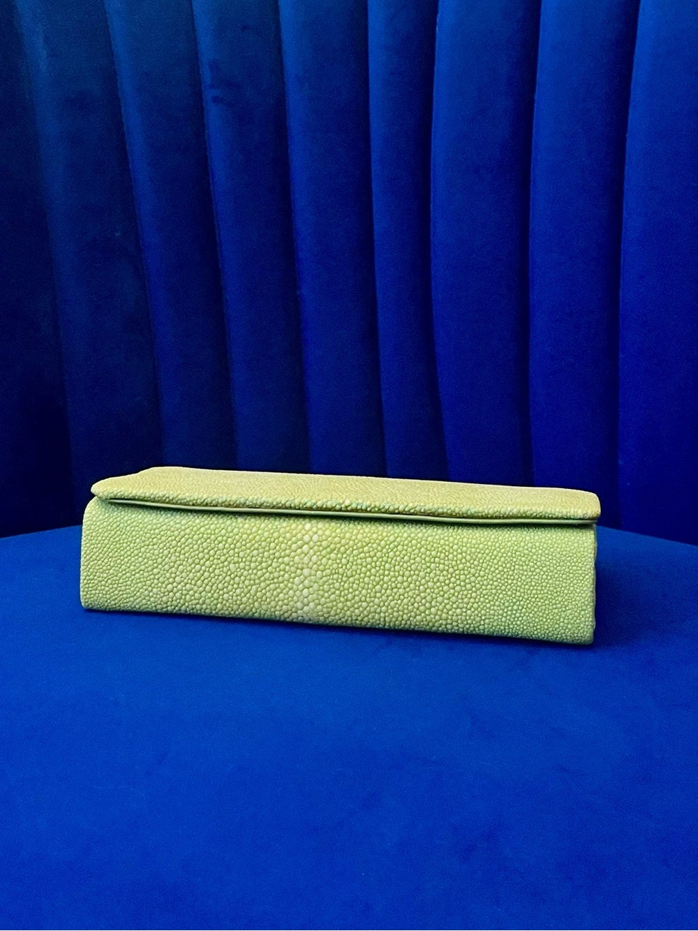 Genuine Stingray Foldover Clutch – Lime Green Exotic Evening Bag w Gold Chain — designer logo branding and craftsmanship