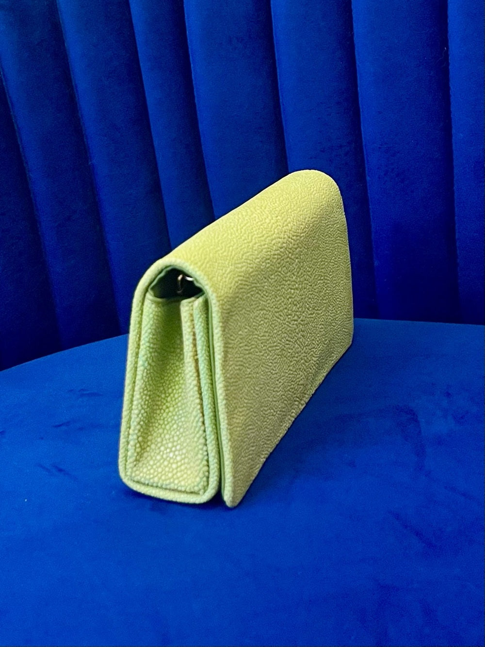 Genuine Stingray Foldover Clutch – Lime Green Exotic Evening Bag w Gold Chain — natural leather grain and texture closeup