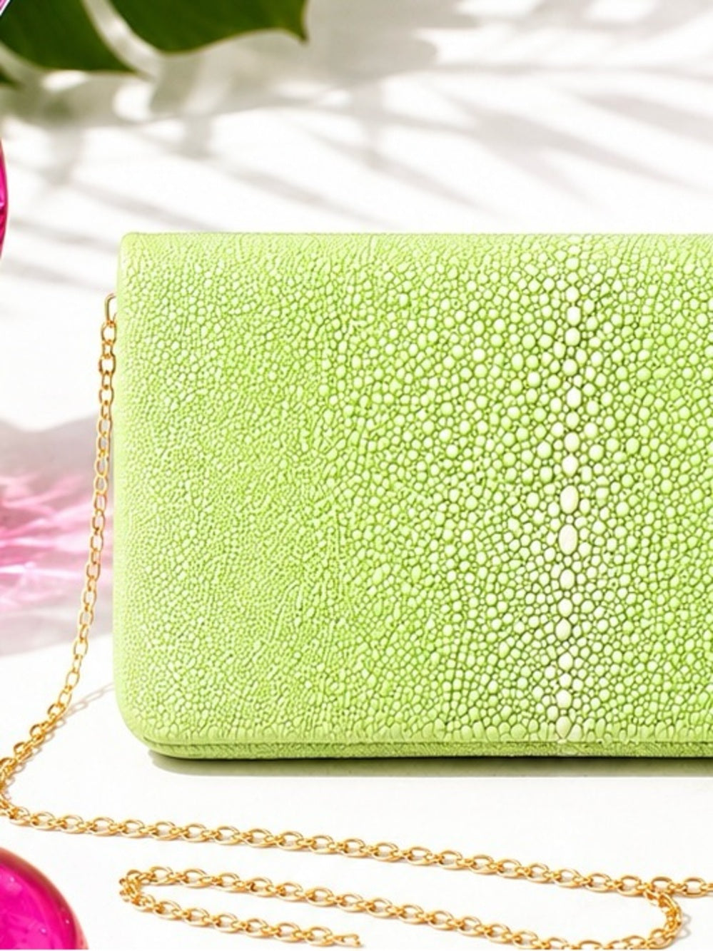 Genuine Stingray Foldover Clutch – Lime Green Exotic Evening Bag w Gold Chain — luxury leather bag back panel construction