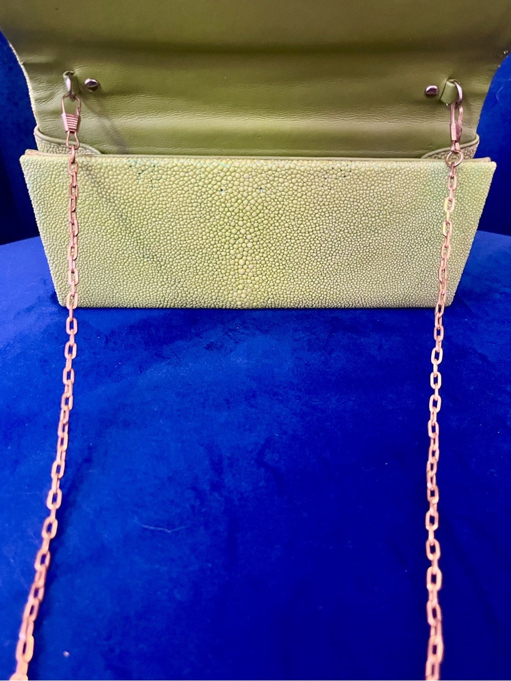 Genuine Stingray Foldover Clutch – Lime Green Exotic Evening Bag w Gold Chain — luxury handbag proportions and shape