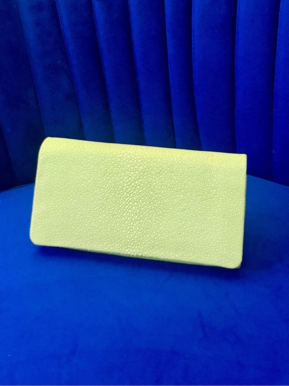 Genuine Stingray Foldover Clutch – Lime Green Exotic Evening Bag w Gold Chain — structured purse profile and gusset