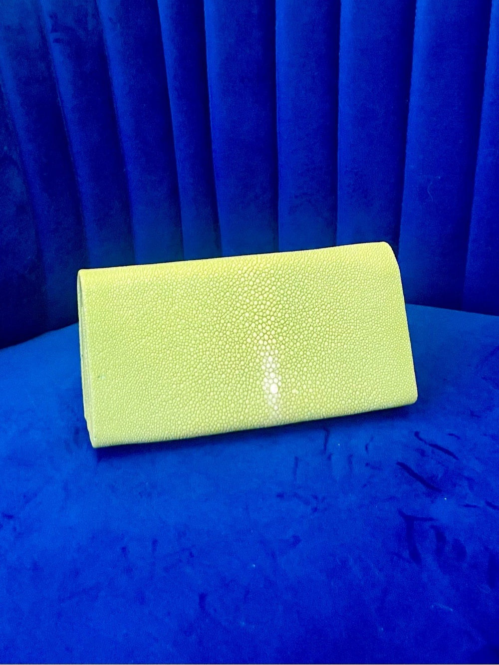 Genuine Stingray Foldover Clutch – Lime Green Exotic Evening Bag w Gold Chain — exotic skin pattern and color variation