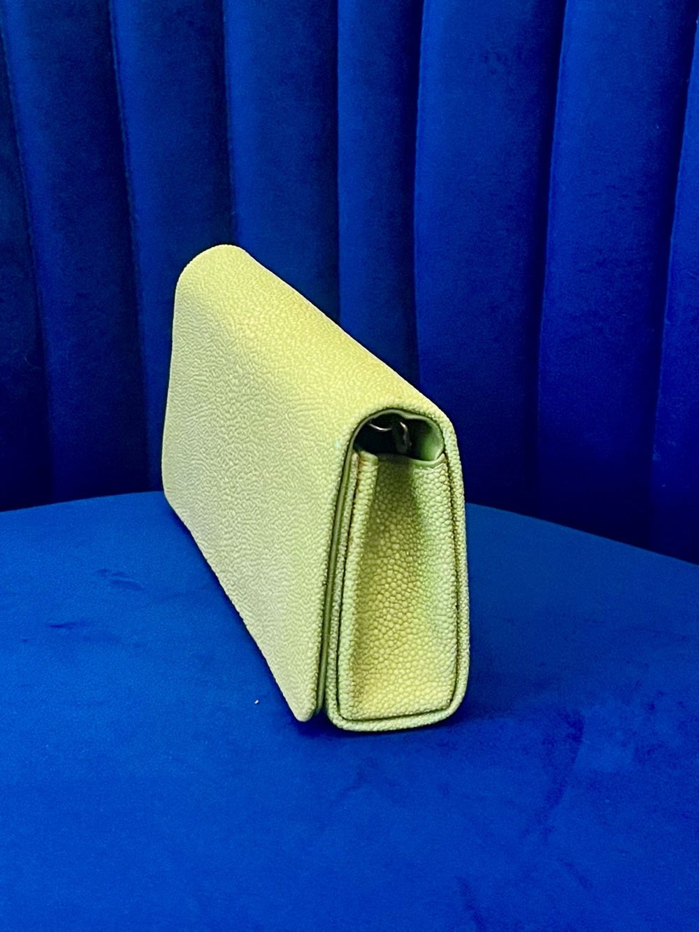 Genuine Stingray Foldover Clutch – Lime Green Exotic Evening Bag w Gold Chain — handbag interior lining and storage