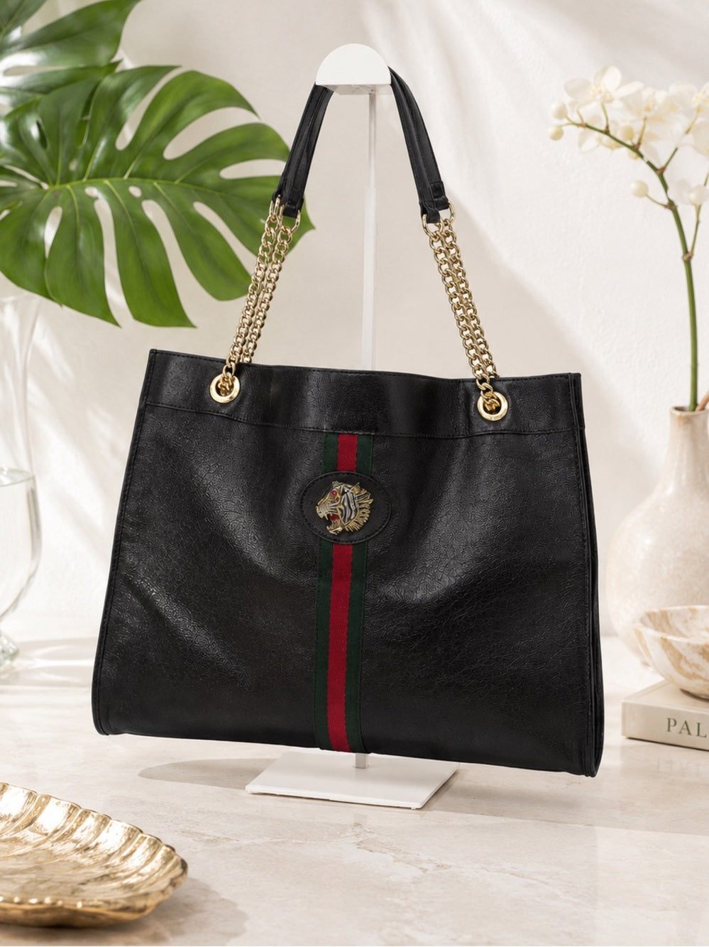 Gucci Black Leather Web Rajah Tote — designer exotic leather handbag silhouette