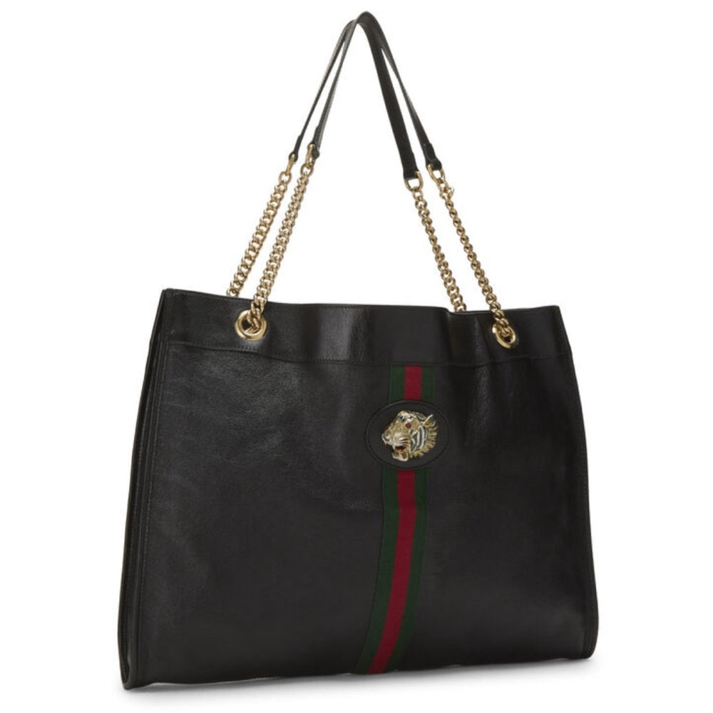 Gucci Black Leather Web Rajah Tote — handbag interior lining and storage