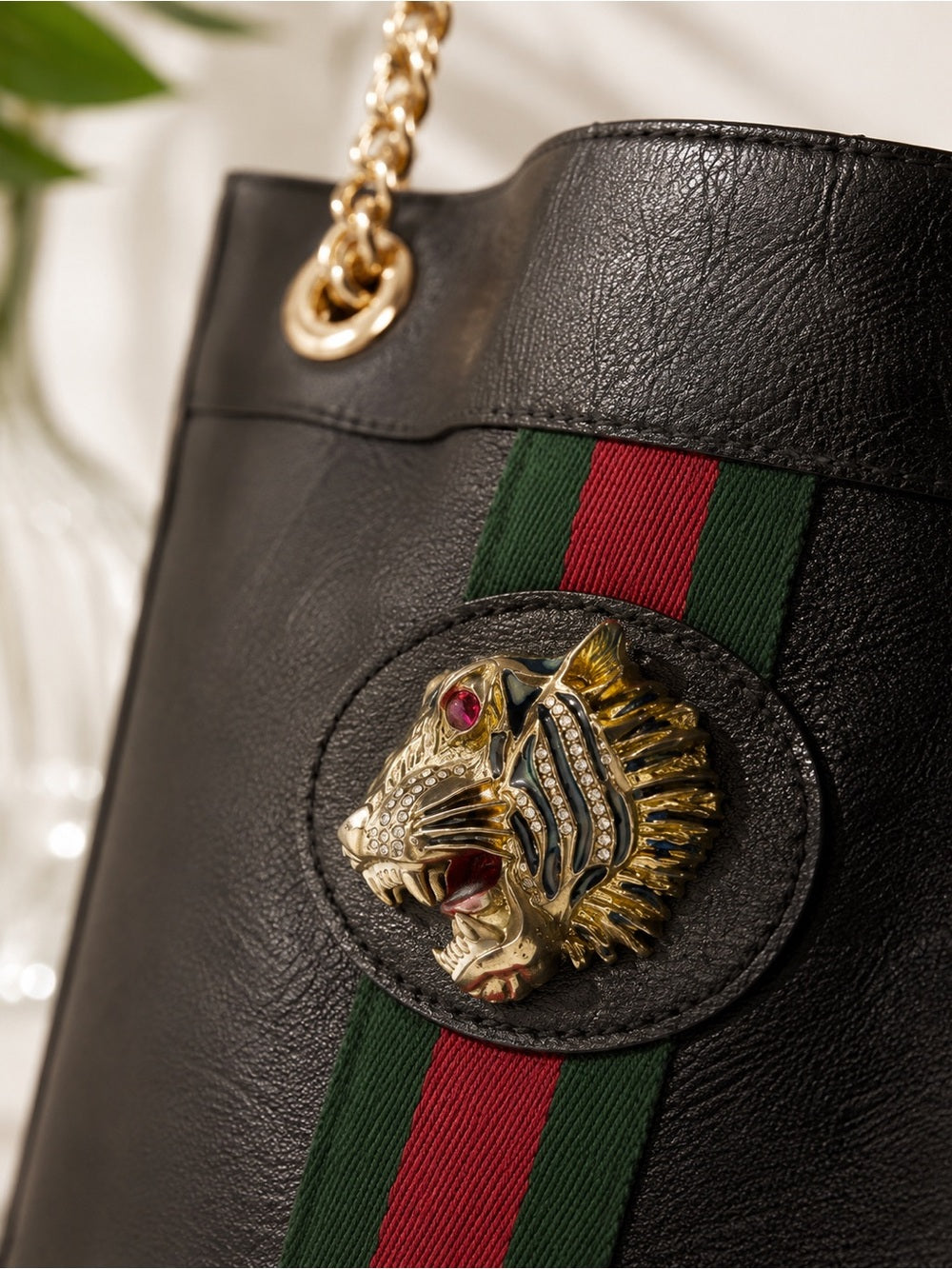 Gucci Black Leather Web Rajah Tote — luxury leather bag back panel construction