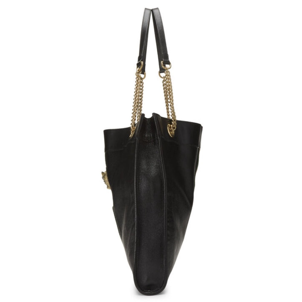Gucci Black Leather Web Rajah Tote — natural leather grain and texture closeup