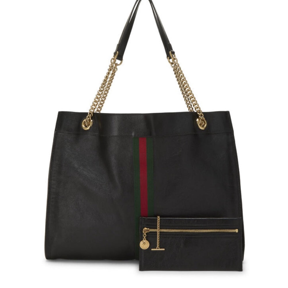 Gucci Black Leather Web Rajah Tote — signature designer hardware and metalwork