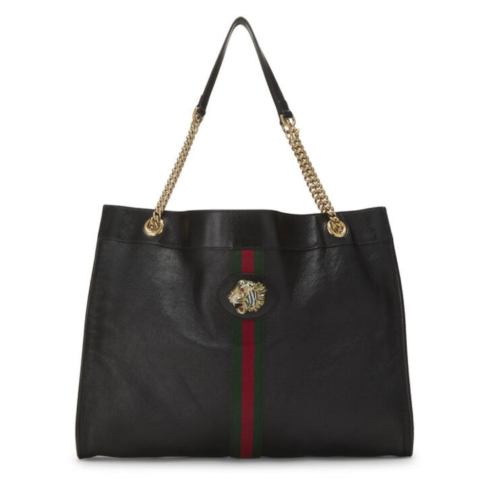 Gucci Black Leather Web Rajah Tote — structured purse profile and gusset