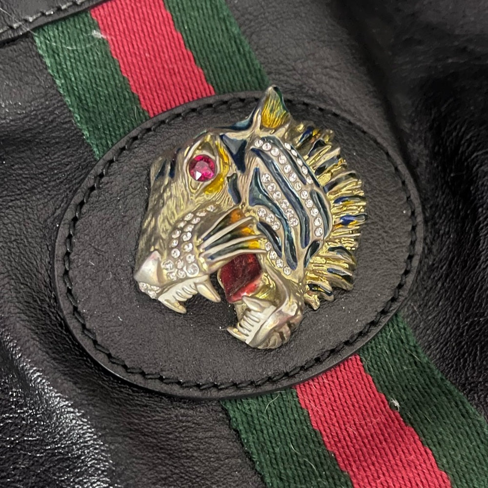 Gucci Black Leather Web Rajah Tote — top handle and shoulder strap attachment