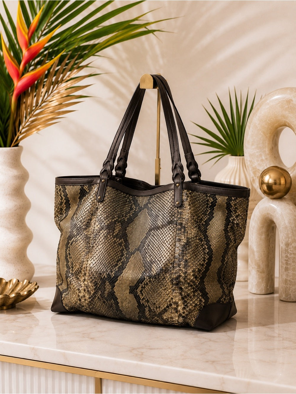 Gucci Genuine Python Tote + Matching Pouch Large Exotic Shoulder Bag Y2K — luxury leather bag back panel construction