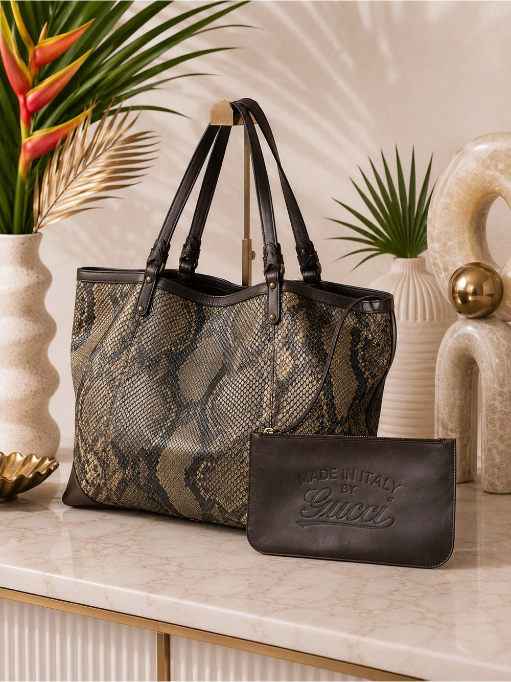 Gucci Genuine Python Tote + Matching Pouch Large Exotic Shoulder Bag Y2K — designer exotic leather handbag silhouette