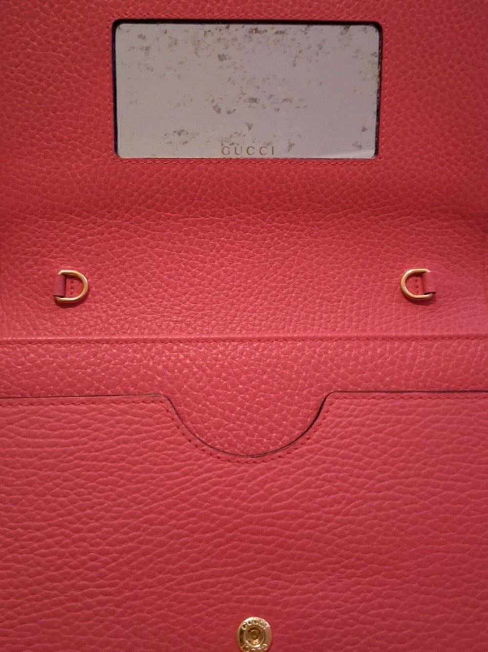 Gucci GG Marmont Pink Pebbled Leather Wallet on Chain + Packaging — pebbled leather texture and color detail
