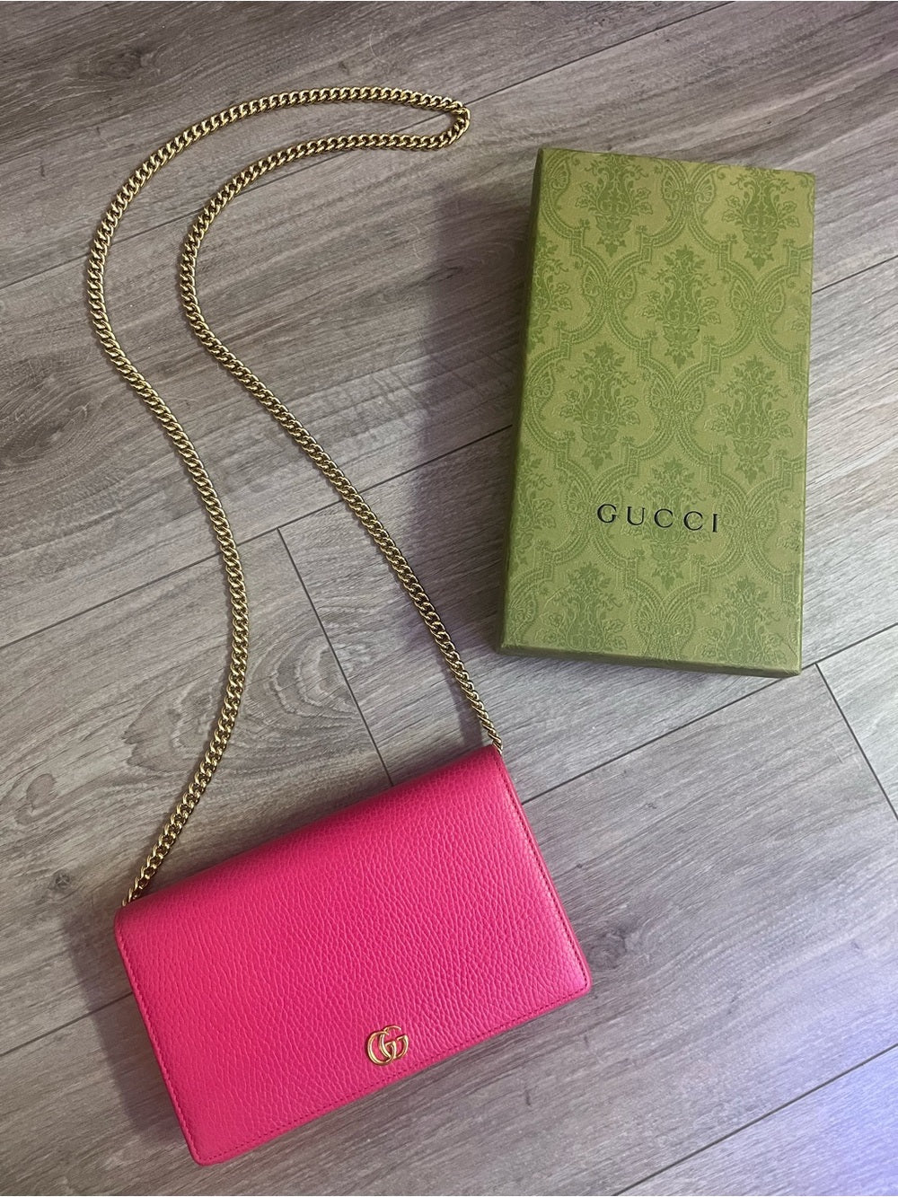 Gucci GG Marmont Pink Pebbled Leather Wallet on Chain + Packaging — natural leather grain and texture closeup