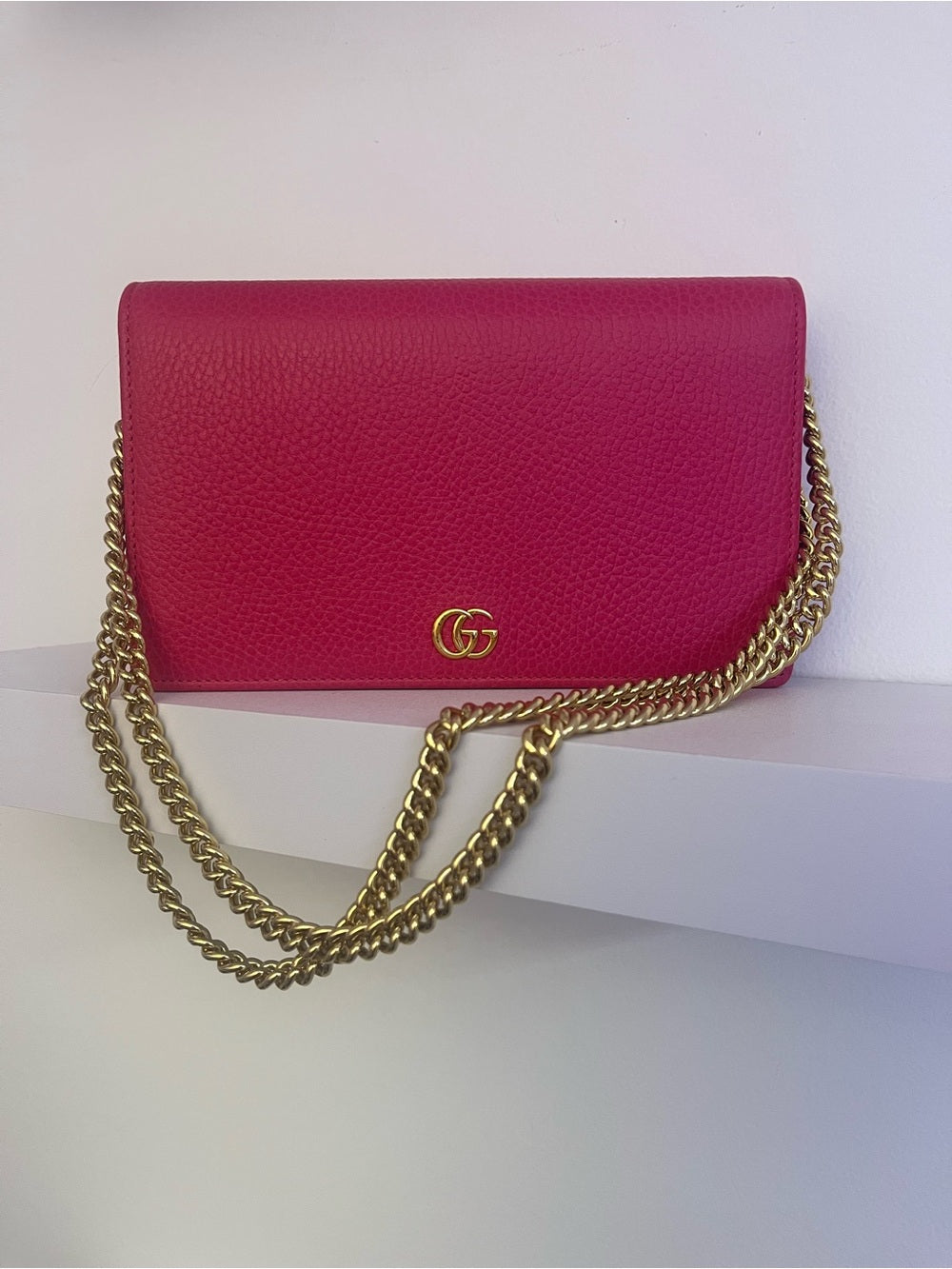 Gucci GG Marmont Pink Pebbled Leather Wallet on Chain + Packaging — luxury handbag proportions and shape