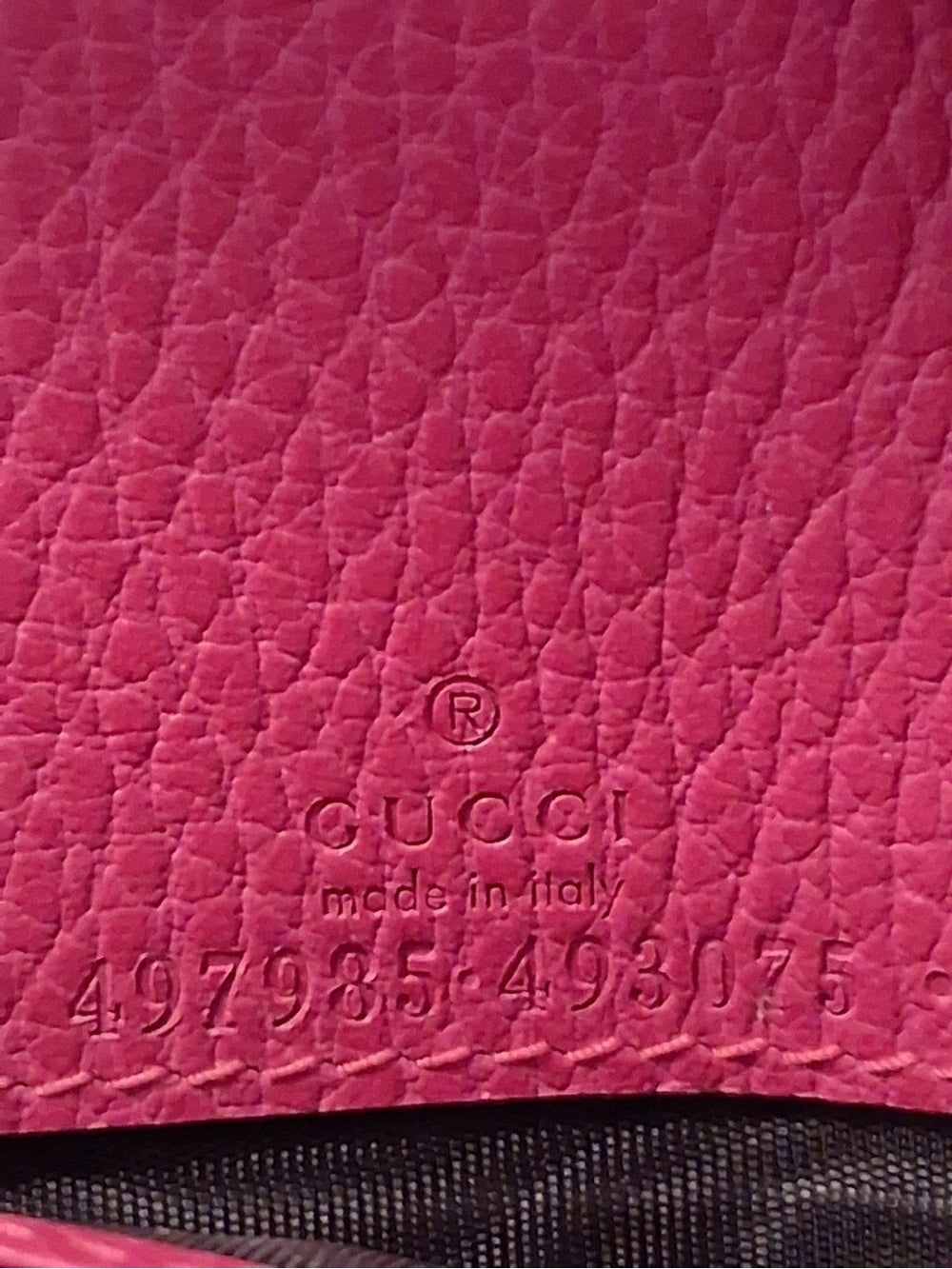 Gucci GG Marmont Pink Pebbled Leather Wallet on Chain + Packaging — interior pocket and designer label