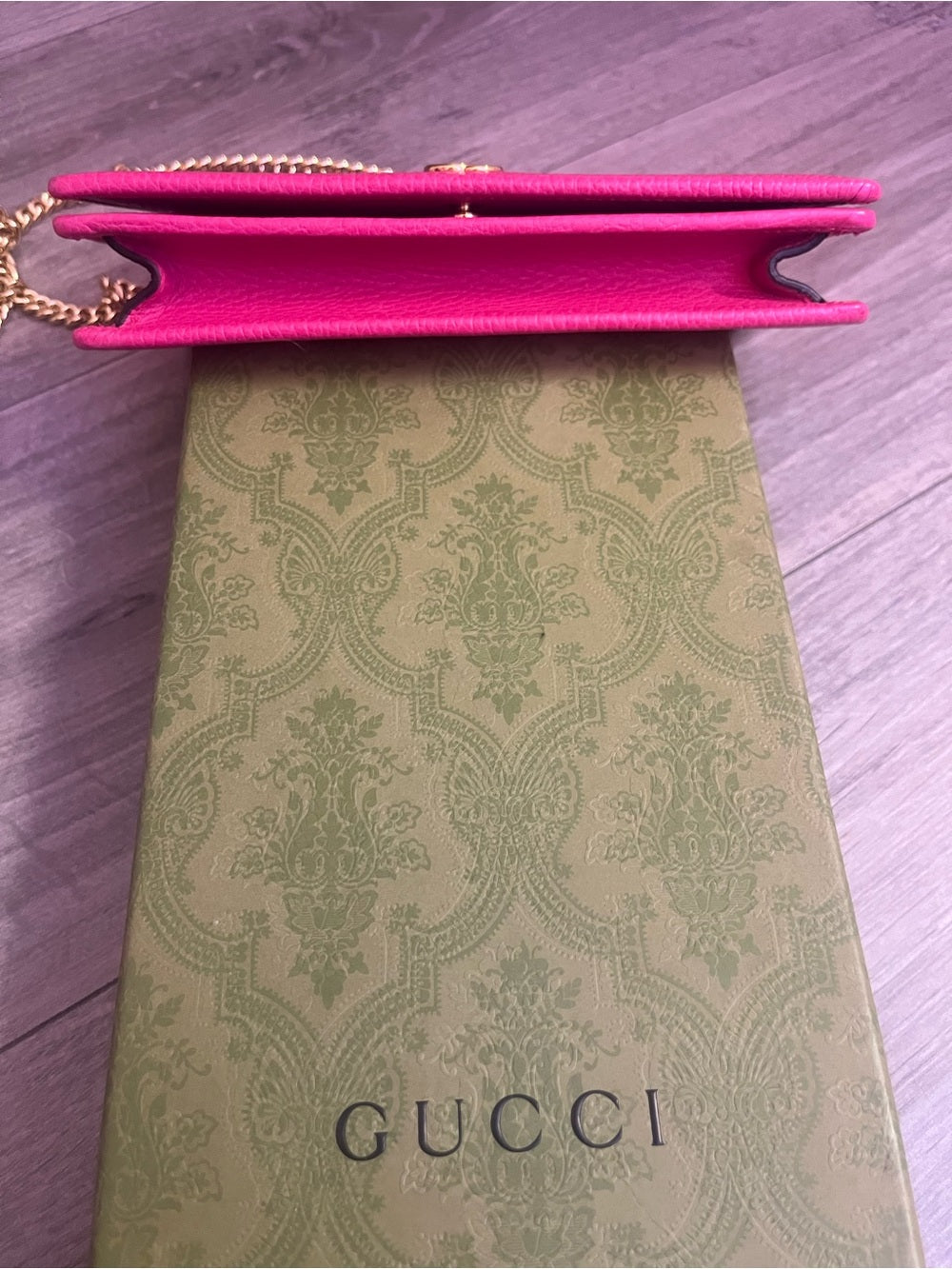 Gucci GG Marmont Pink Pebbled Leather Wallet on Chain + Packaging — top handle and shoulder strap attachment