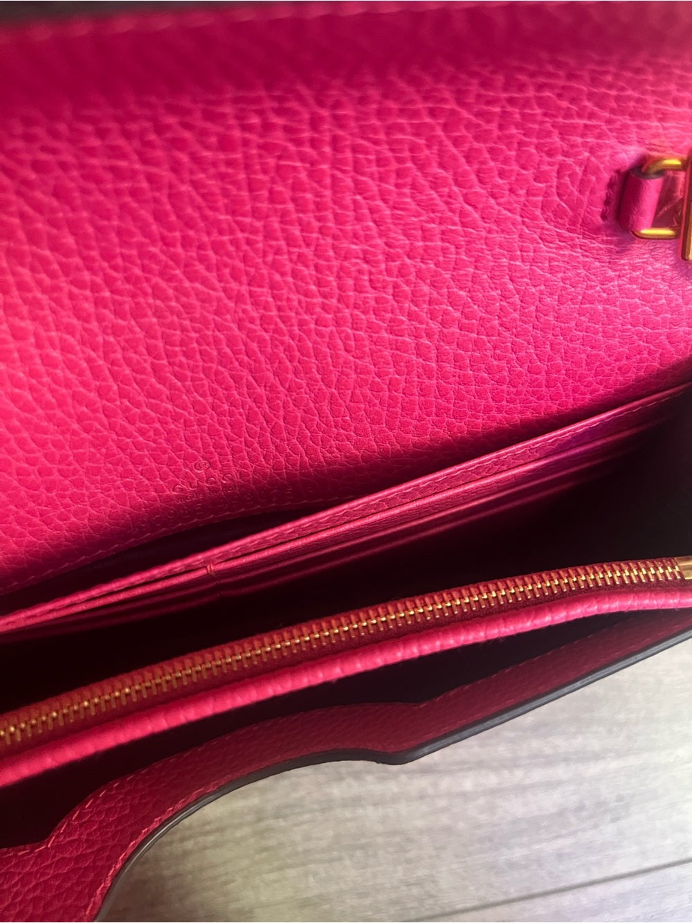 Gucci GG Marmont Pink Pebbled Leather Wallet on Chain + Packaging — removable strap and gold tone hardware
