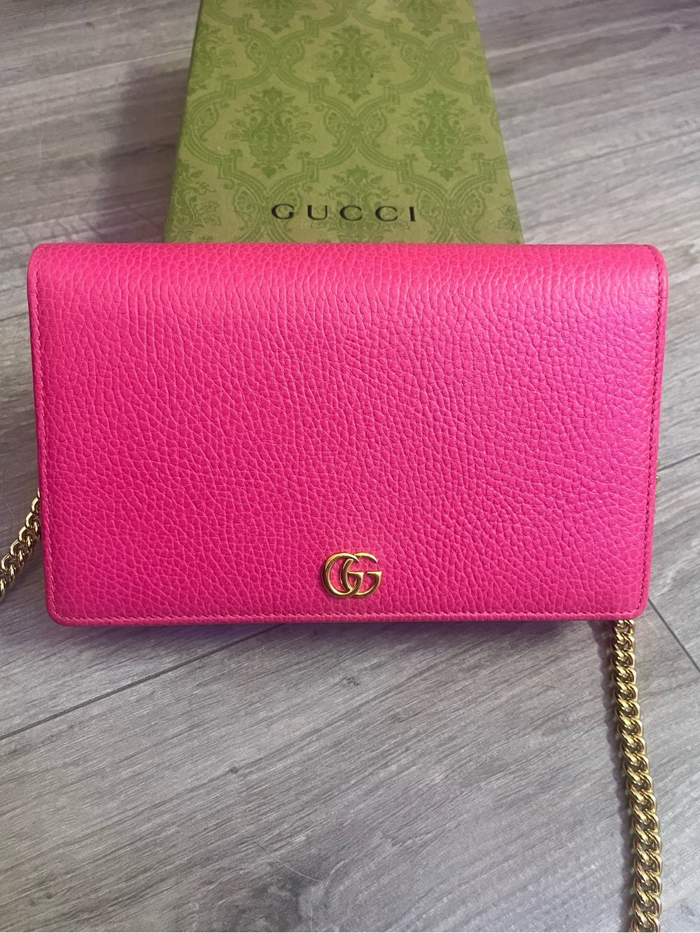 Gucci GG Marmont Pink Pebbled Leather Wallet on Chain + Packaging — signature designer hardware and metalwork