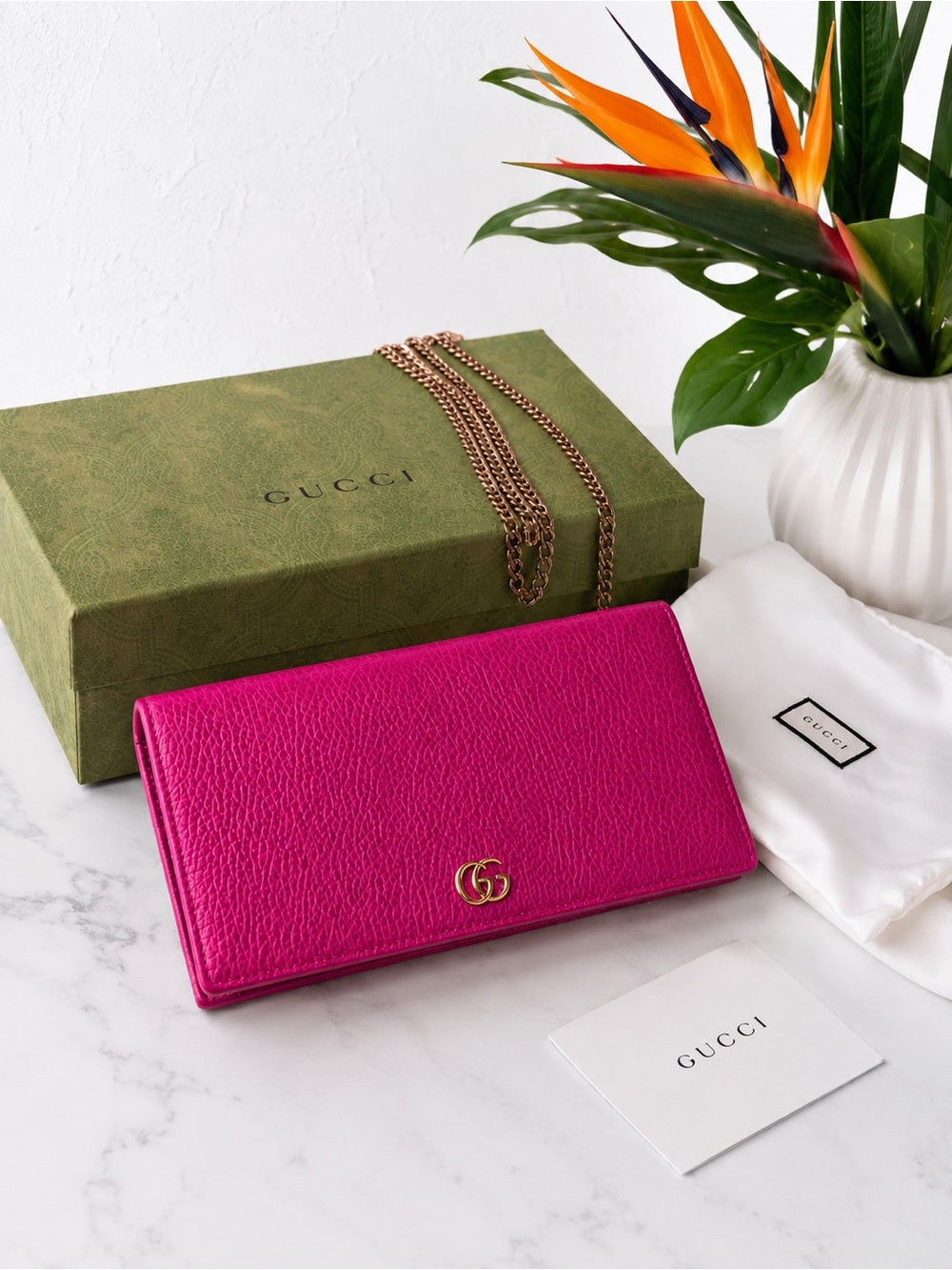 Gucci GG Marmont Pink Pebbled Leather Wallet on Chain + Packaging — designer exotic leather handbag silhouette