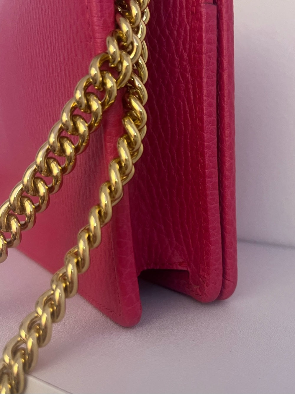 Gucci GG Marmont Pink Pebbled Leather Wallet on Chain + Packaging — designer logo branding and craftsmanship