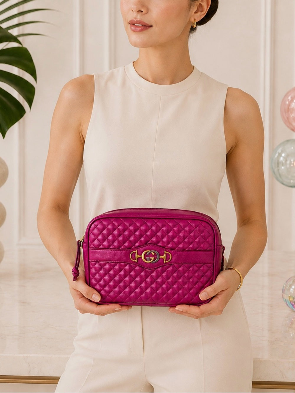 Gucci Metallic Fuchsia Quilted Trapuntata + Card Holder Set Style - GG Marmont — luxury accessory color and texture