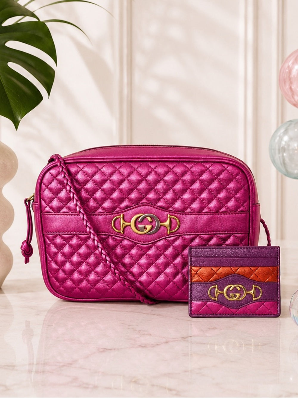 Gucci Metallic Fuchsia Quilted Trapuntata + Card Holder Set Style - GG Marmont — designer product silhouette and material