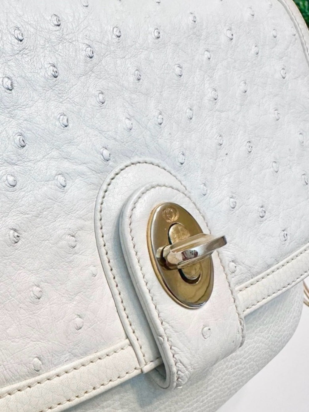 Gucci White Ostrich & Leather Vintage Crossbody Bag Gold GG Turnlock Flap — signature designer hardware and metalwork