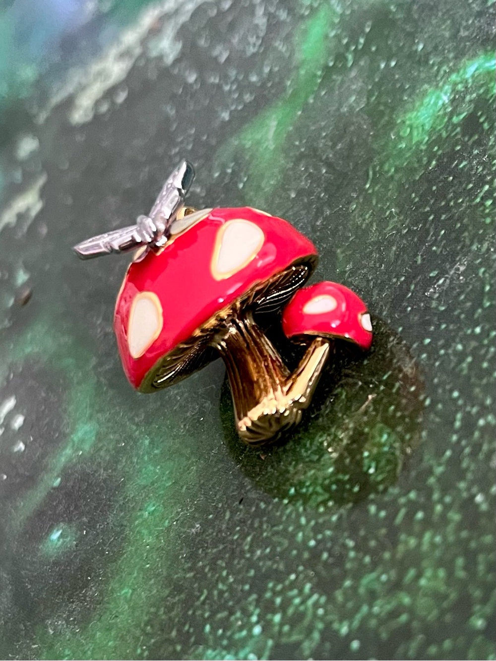 Juicy Couture Gold & Red Enamel Mushroom Charm/Pendant w Crystal Butterfly — gold tone charm sculptural metalwork