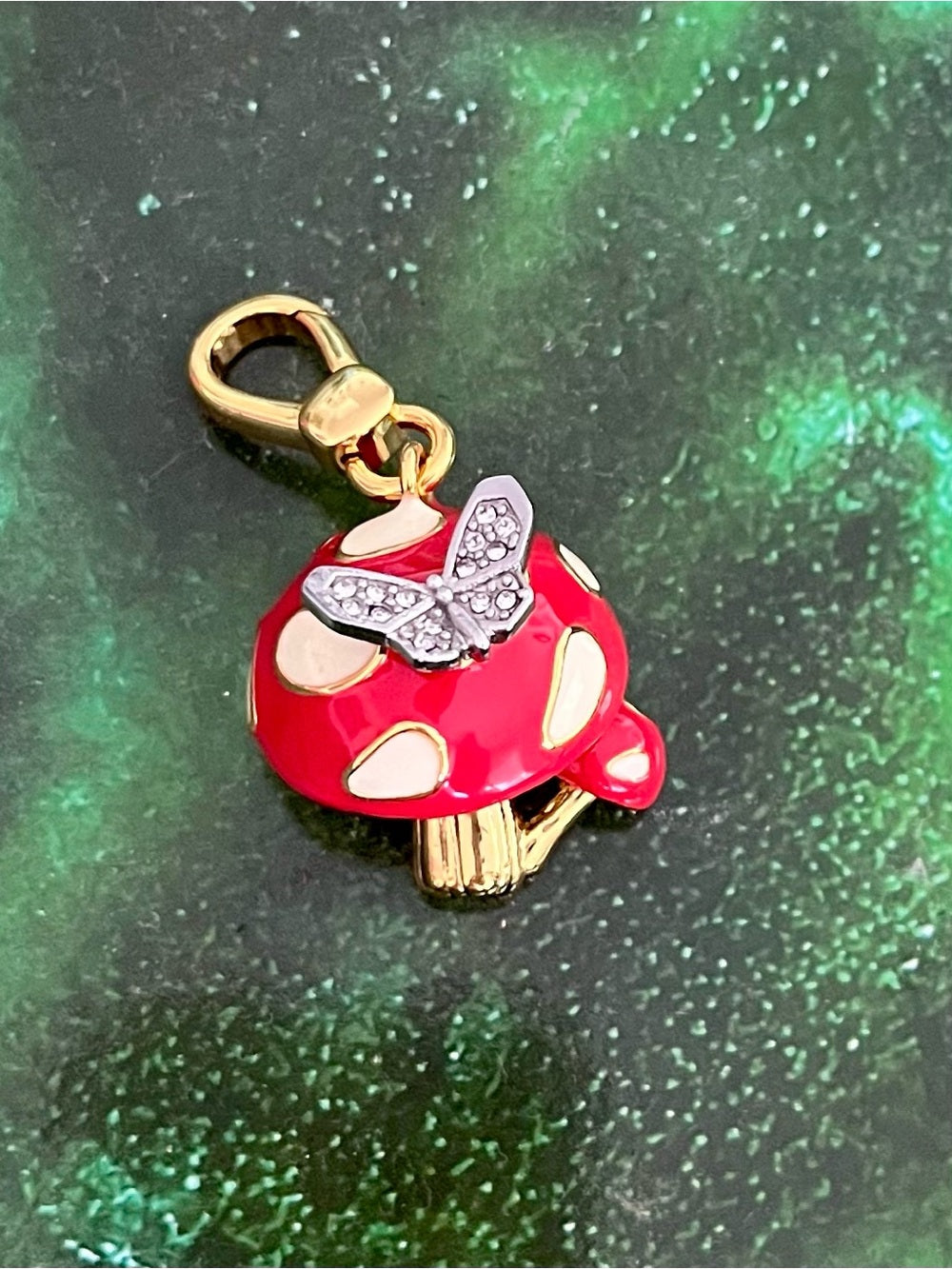 Juicy Couture Gold & Red Enamel Mushroom Charm/Pendant w Crystal Butterfly — pave crystal jewelry sparkle closeup