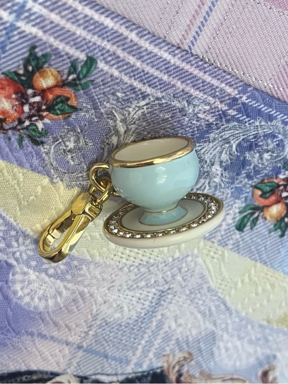 Juicy Couture Gold-Trim Crystal-Halo Blue Teacup Charm / Pendant / Keychain — gold tone enamel jewelry side profile
