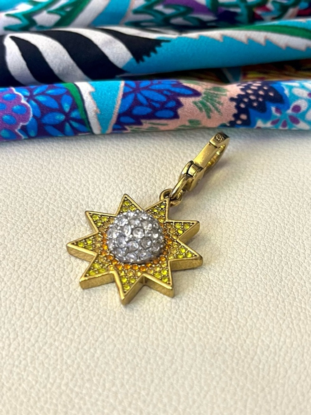 Juicy Couture Gold Starburst Crystal Charm - Yellow, Orange and Clear Pave — lobster clasp and charm attachment hardware