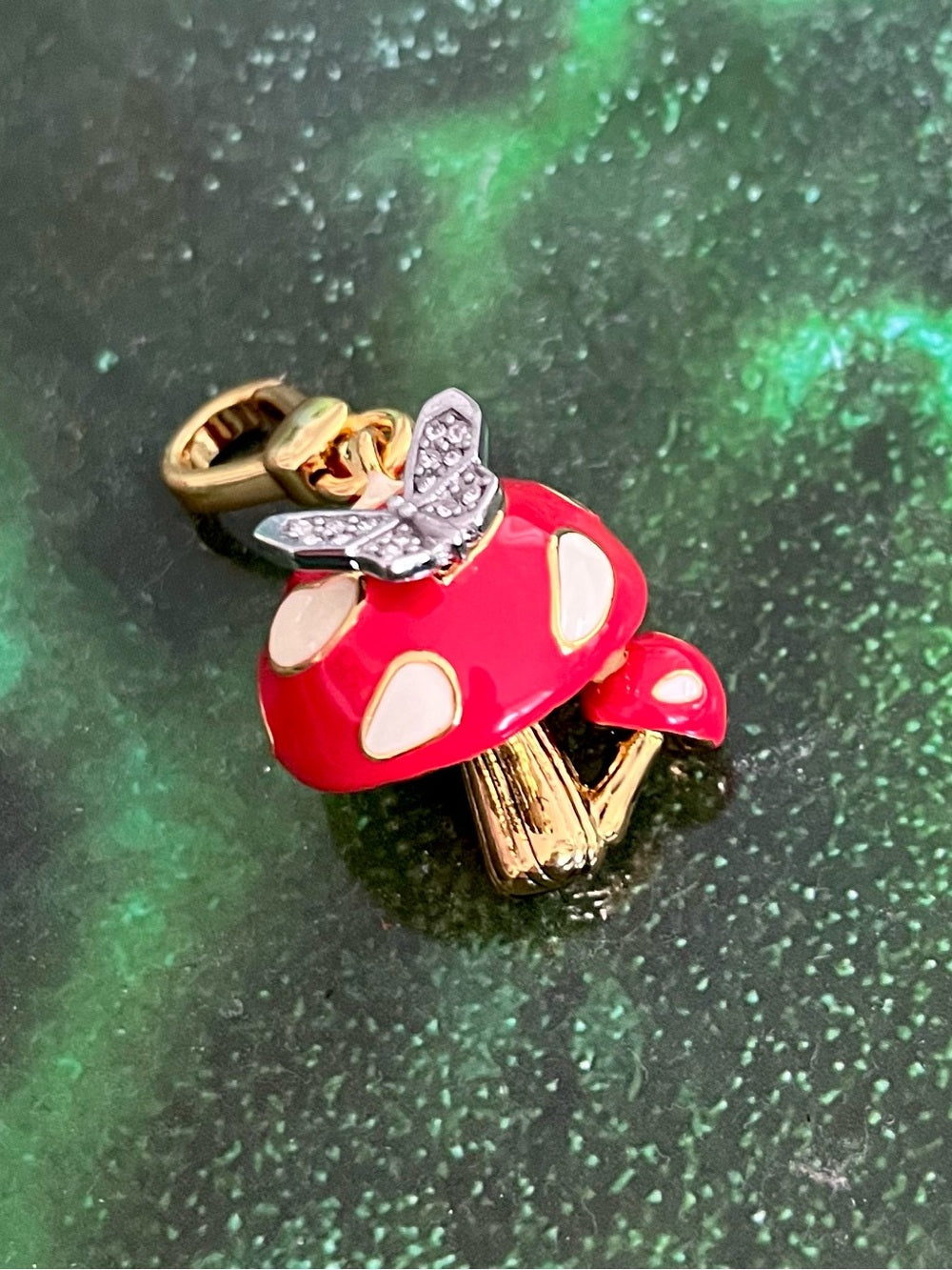Juicy Couture Gold & Red Enamel Mushroom Charm/Pendant w Crystal Butterfly — lobster clasp and charm attachment hardware