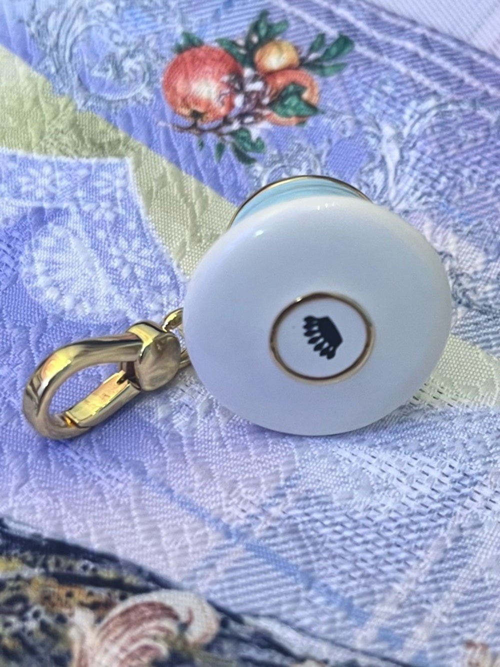 Juicy Couture Gold-Trim Crystal-Halo Blue Teacup Charm / Pendant / Keychain — jewelry clasp loop and hardware closeup