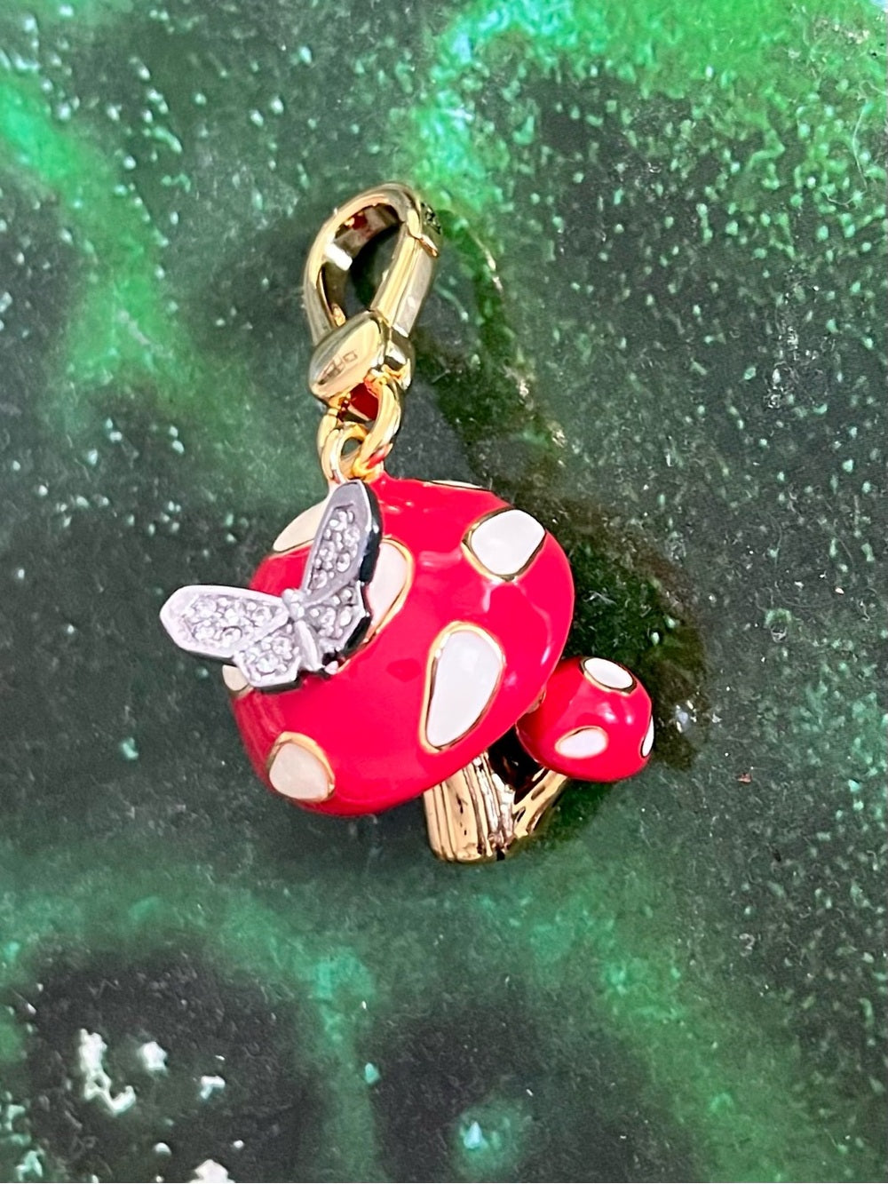 Juicy Couture Gold & Red Enamel Mushroom Charm/Pendant w Crystal Butterfly — three dimensional collectible charm design