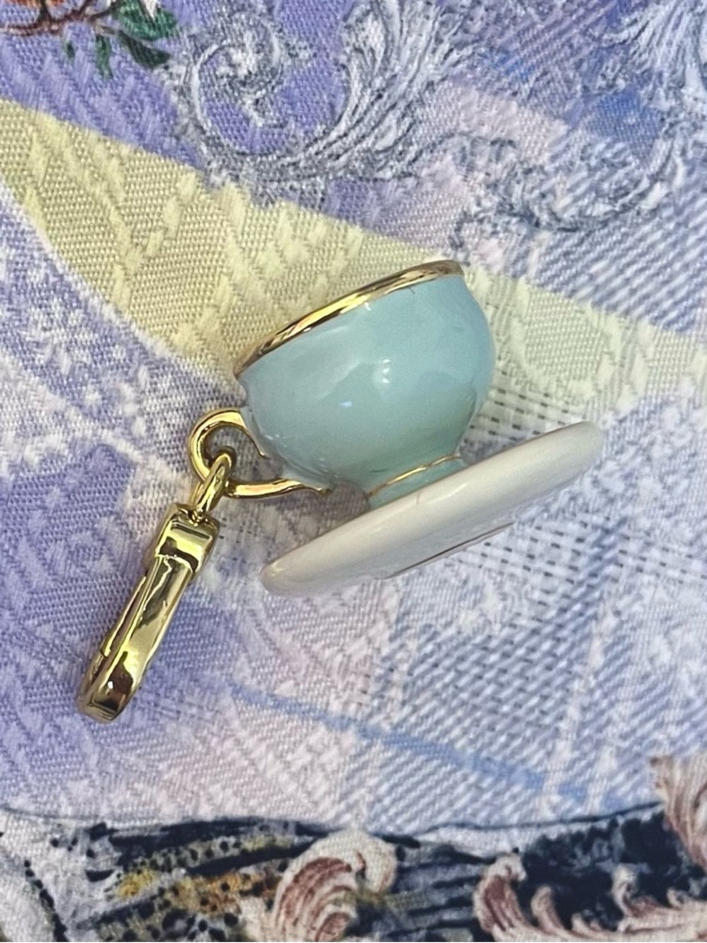 Juicy Couture Gold-Trim Crystal-Halo Blue Teacup Charm / Pendant / Keychain — designer charm crystal pave craftsmanship