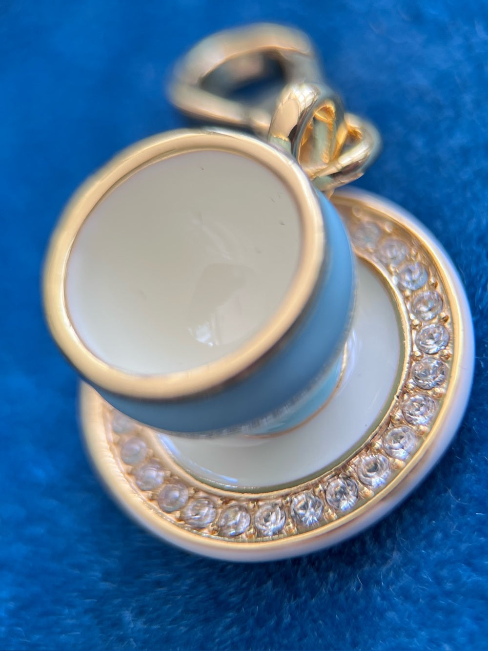 Juicy Couture Gold-Trim Crystal-Halo Blue Teacup Charm / Pendant / Keychain — pave crystal jewelry sparkle closeup