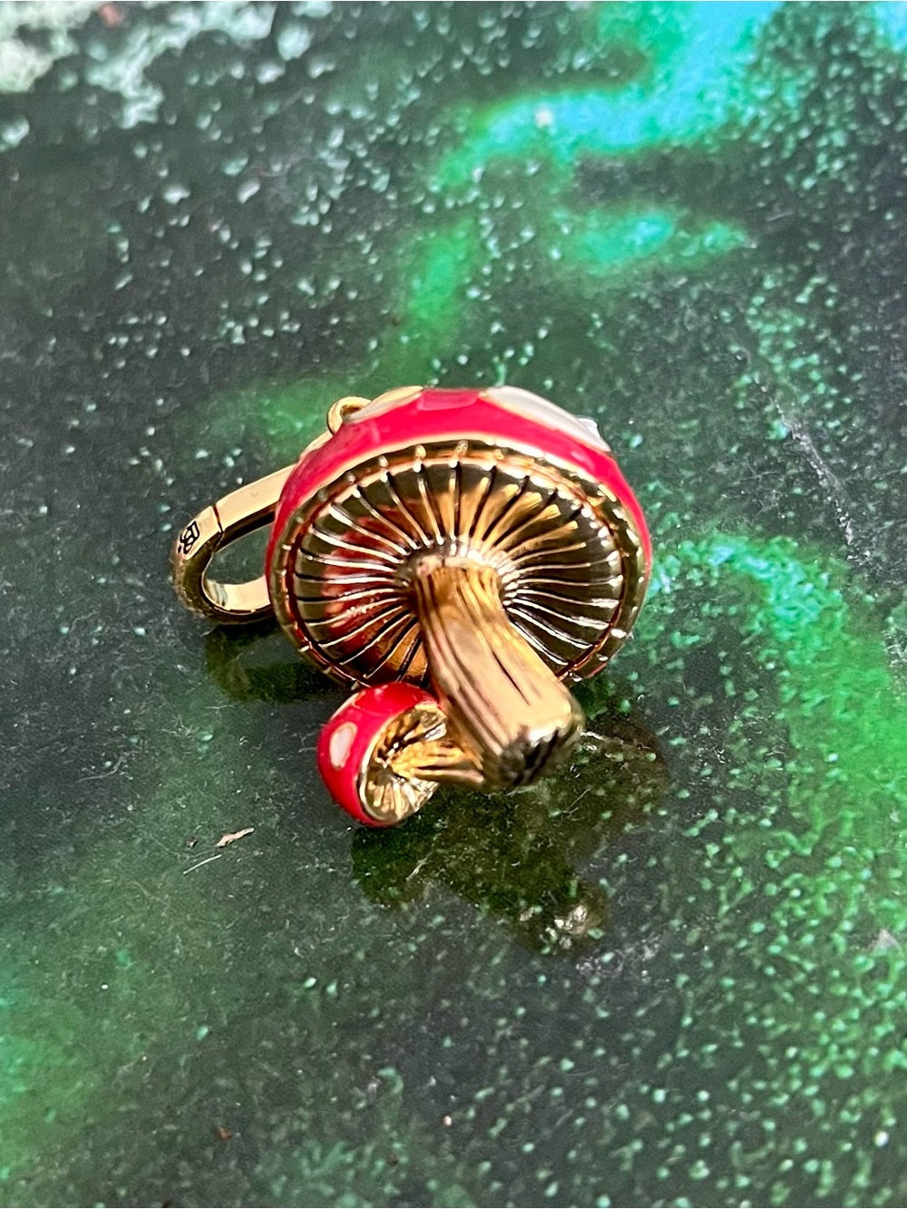Juicy Couture Gold & Red Enamel Mushroom Charm/Pendant w Crystal Butterfly — enamel color and jeweled accent detail
